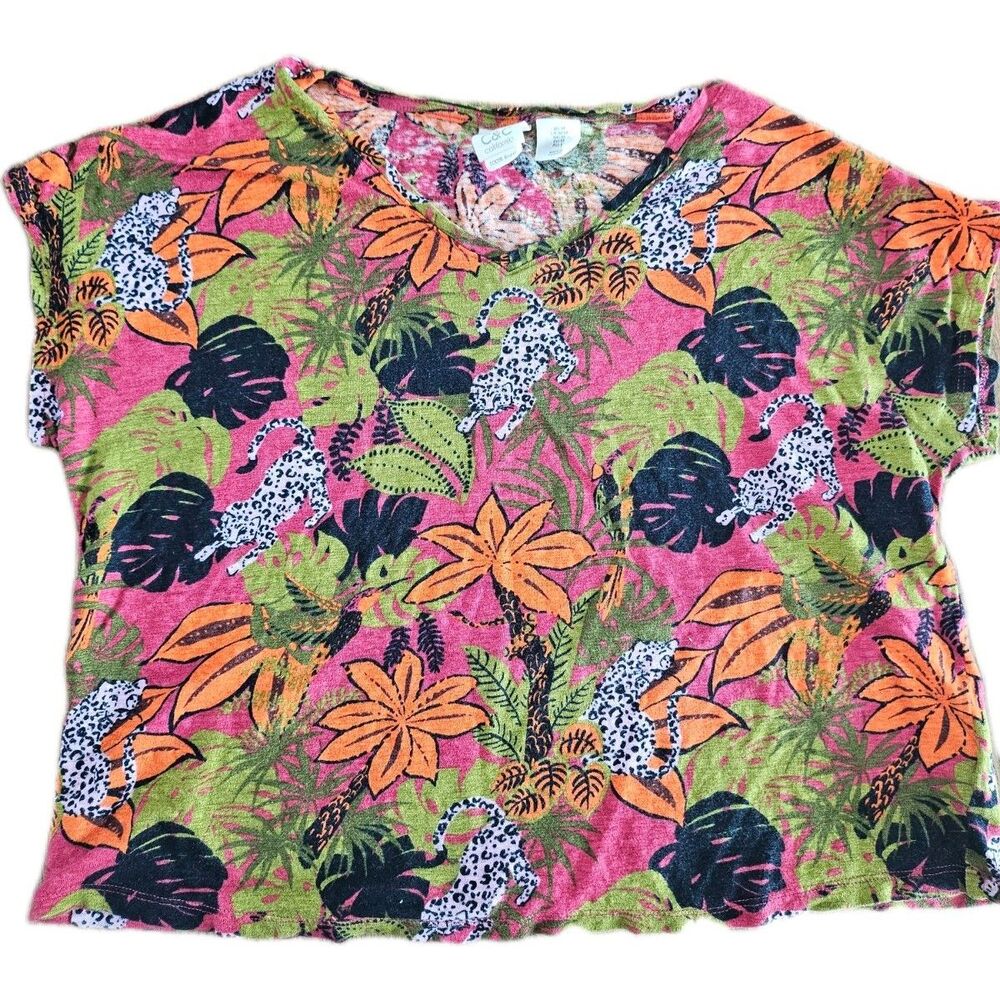 C&C California Shirt Womens Medium Pink Linen Tropical Leopard Print V Neck